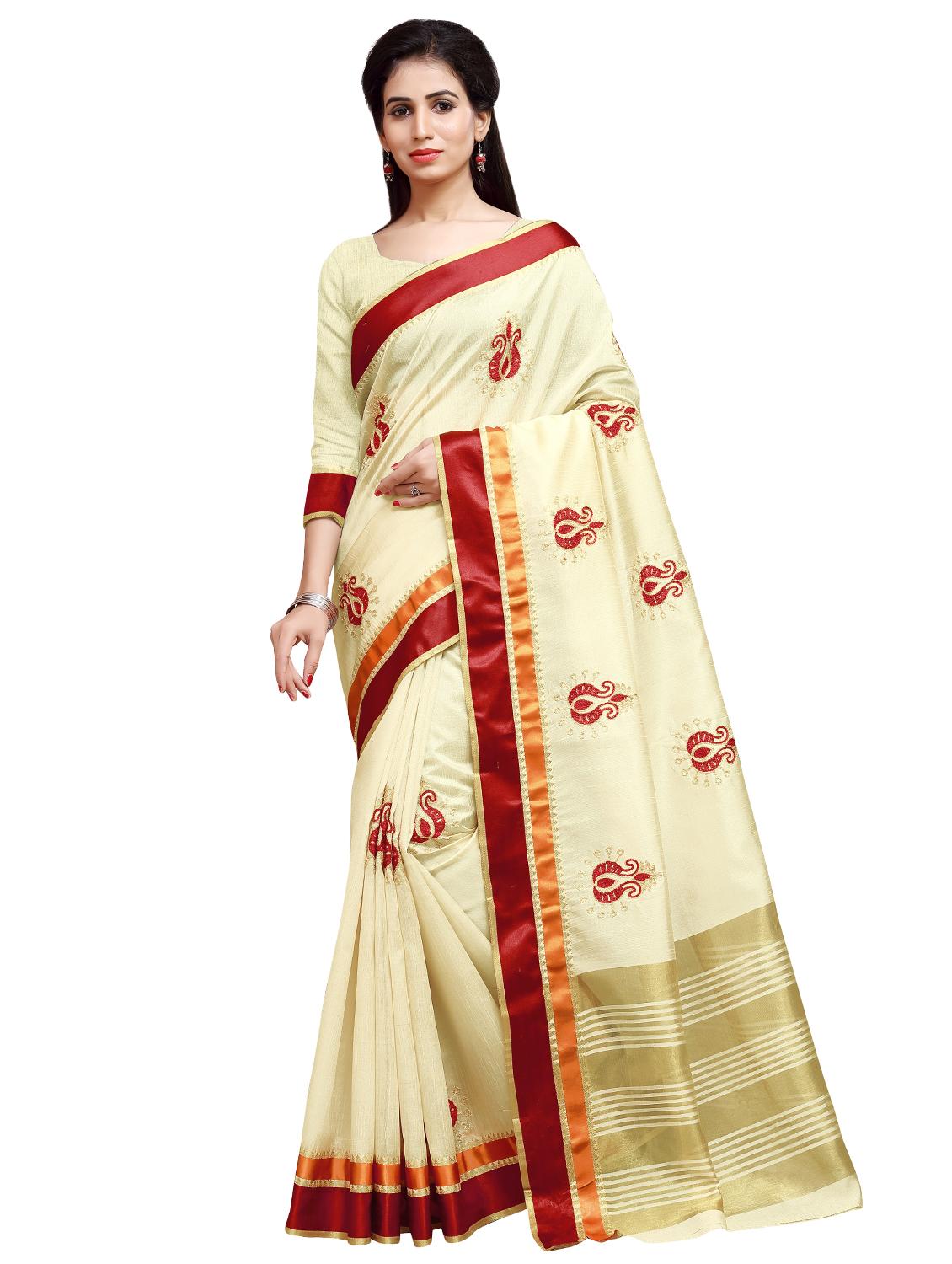 embroidered bordered saree with blouse - 16899998 - Zoom Image - 0