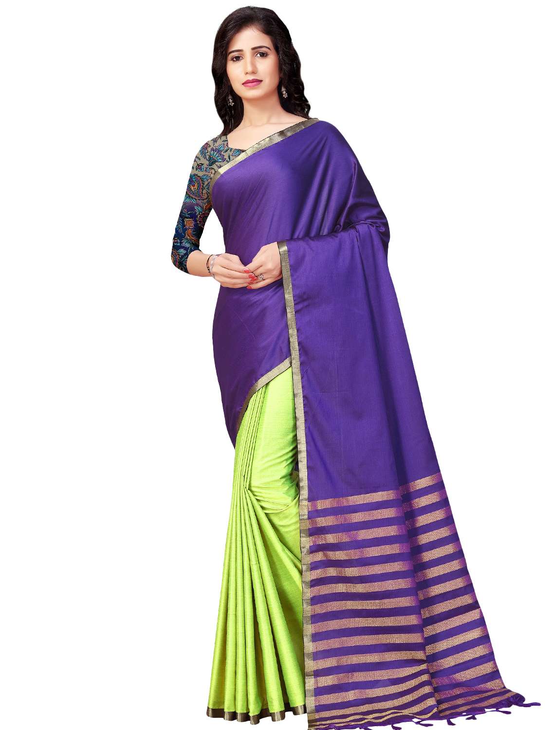 half & half solid saree with blouse - 16900003 - Zoom Image - 0