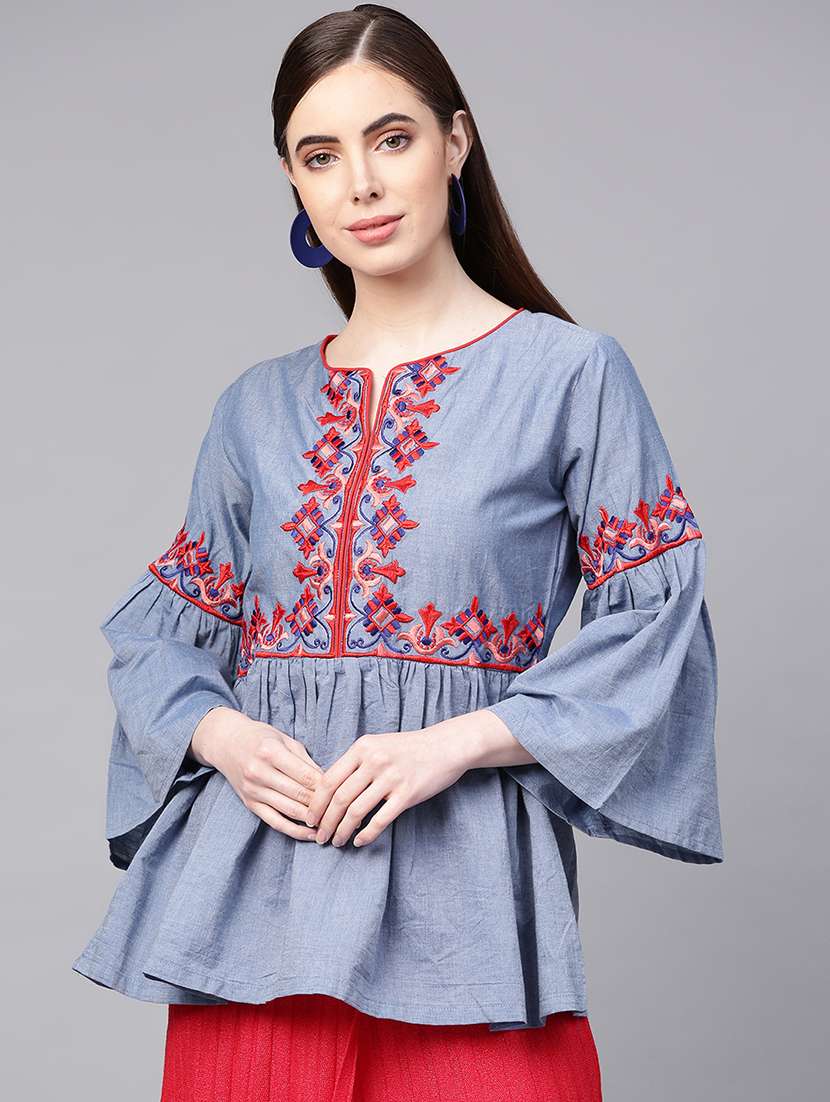 embroidered detail bell sleeved top 