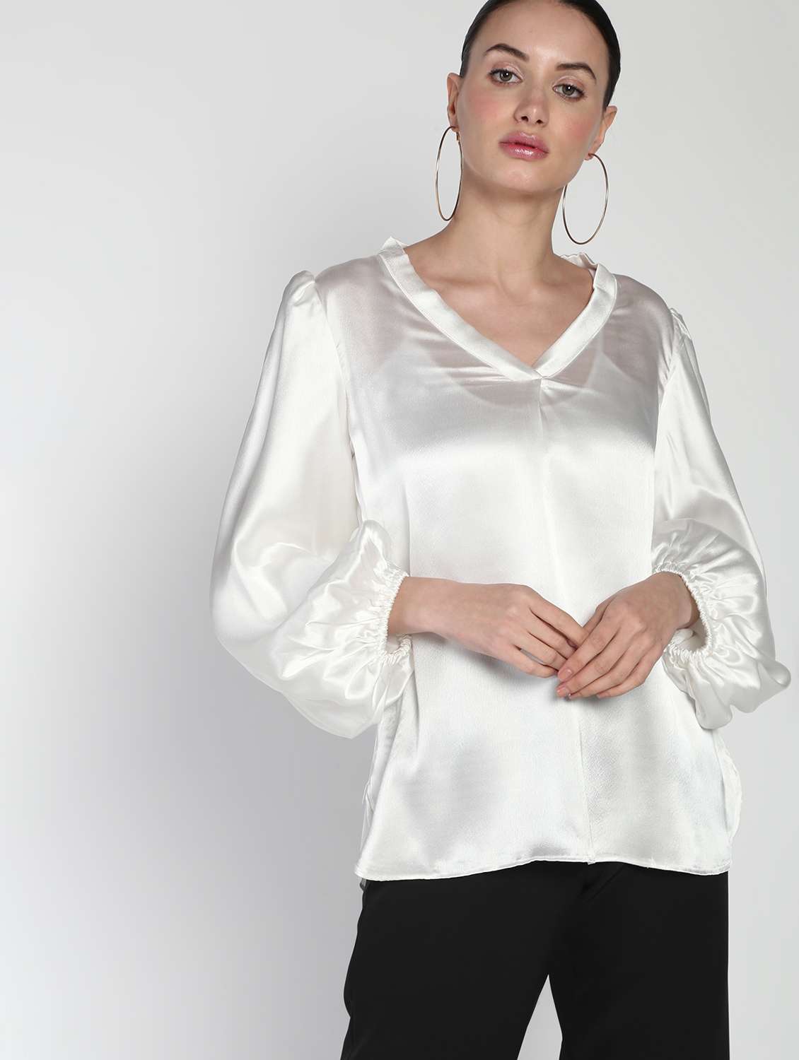 white satin blouson top