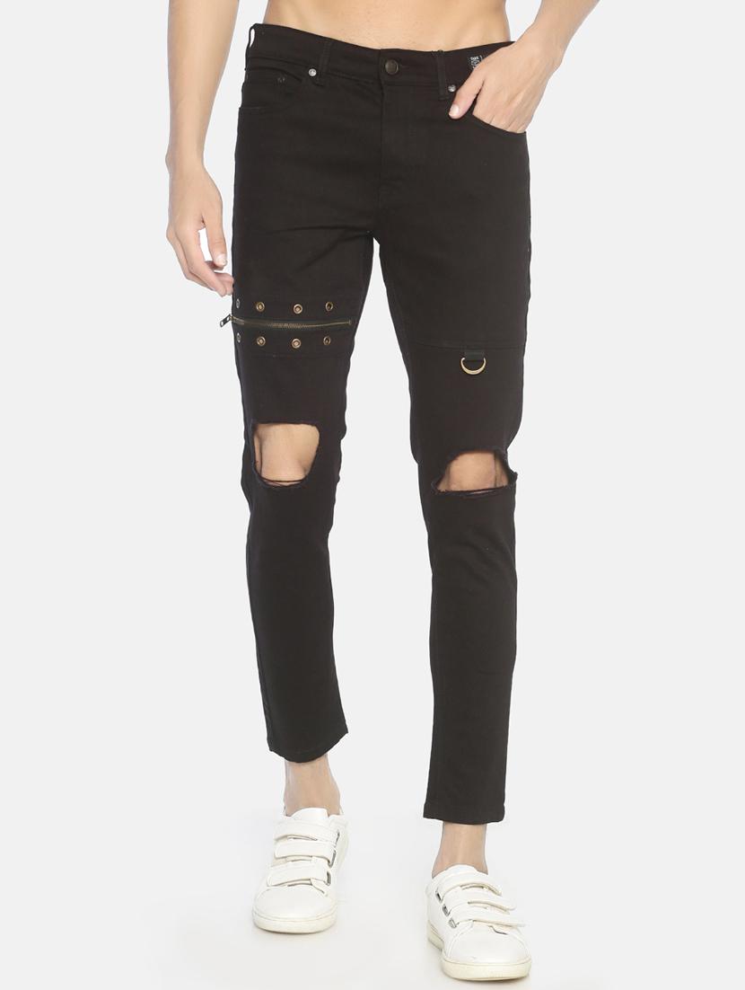 black solid slashed knee denim jeans