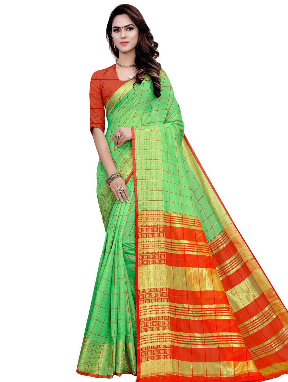 checkered woven saree with blouse - 16926886 - Zoom Image - 0