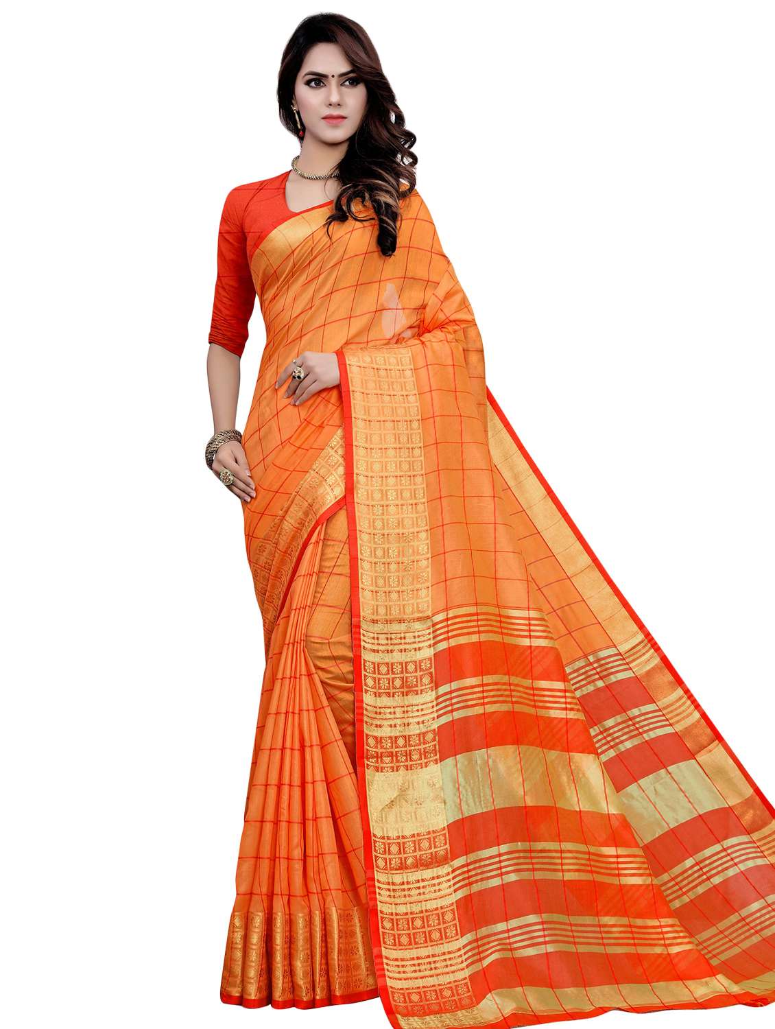checkered woven saree with blouse - 16926887 - Zoom Image - 0