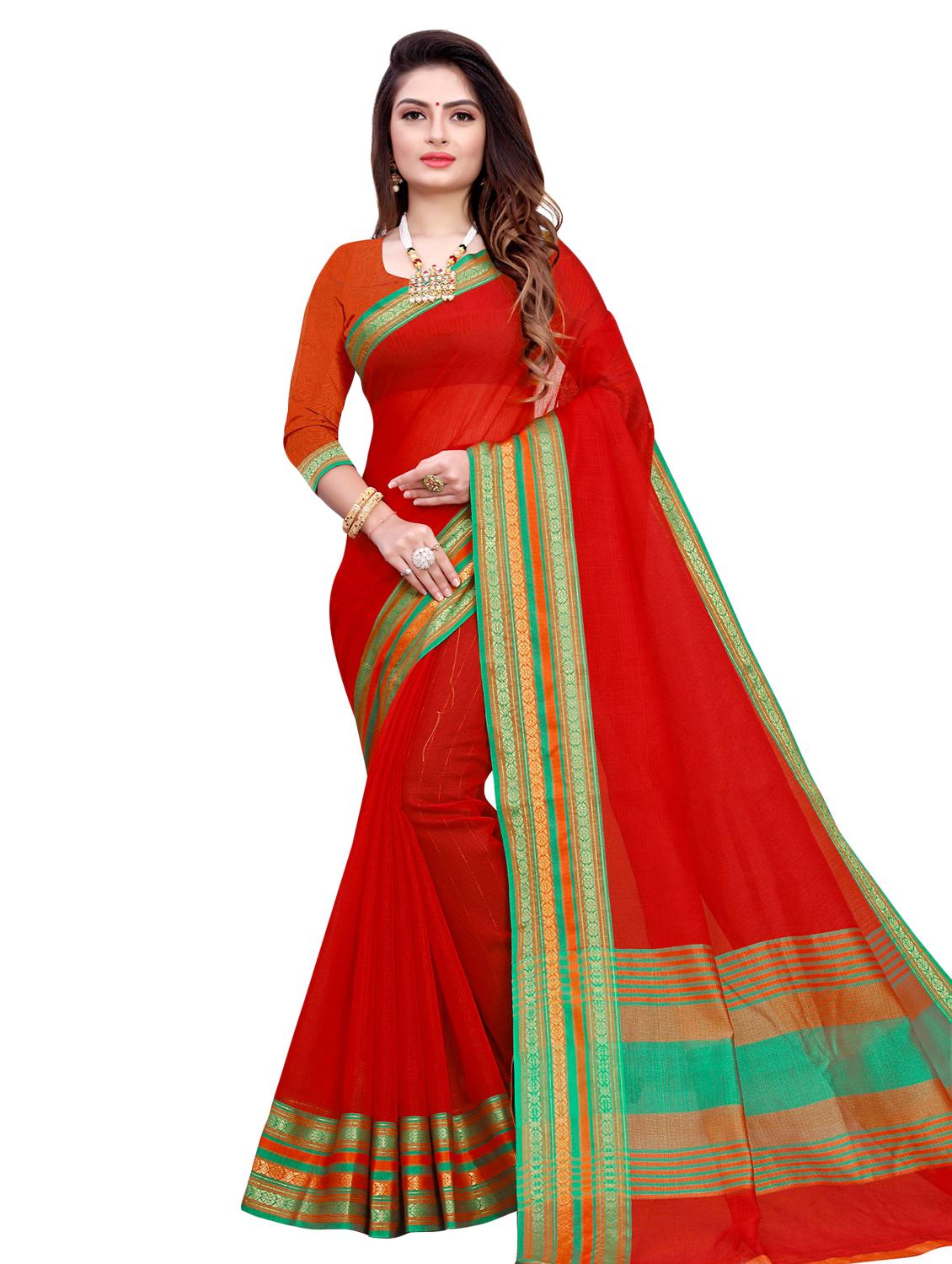 solid bordered woven saree with blouse - 16926914 - Zoom Image - 0