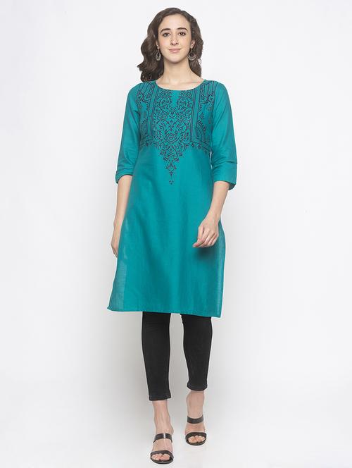 teal printed straight kurta - 16929637 - Standard Image - 0