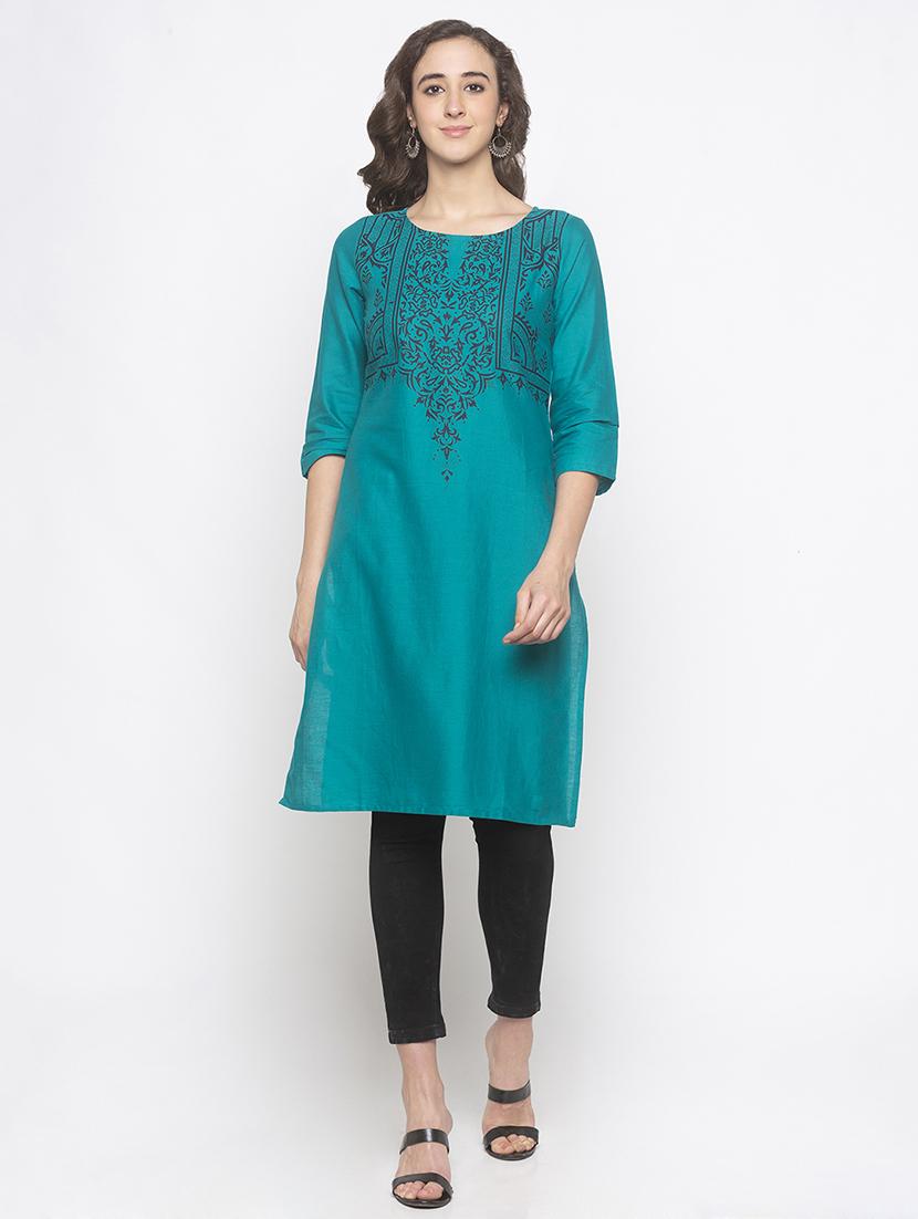 teal printed straight kurta - 16929637 - Zoom Image - 0