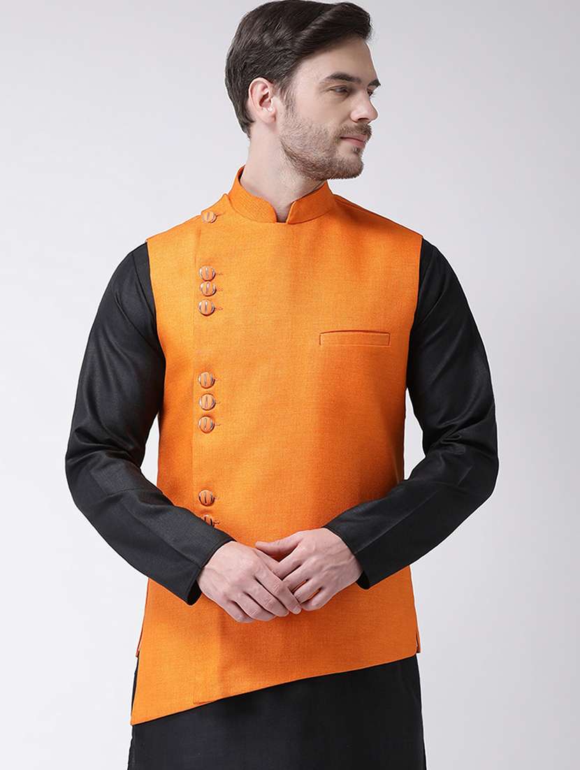Buy online Black Solid Kurta Pyjama Set With Orange Solid Khadi