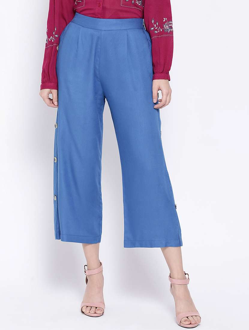 women solid light blue detailed culottes - 16936452 -  Zoom Image - 0