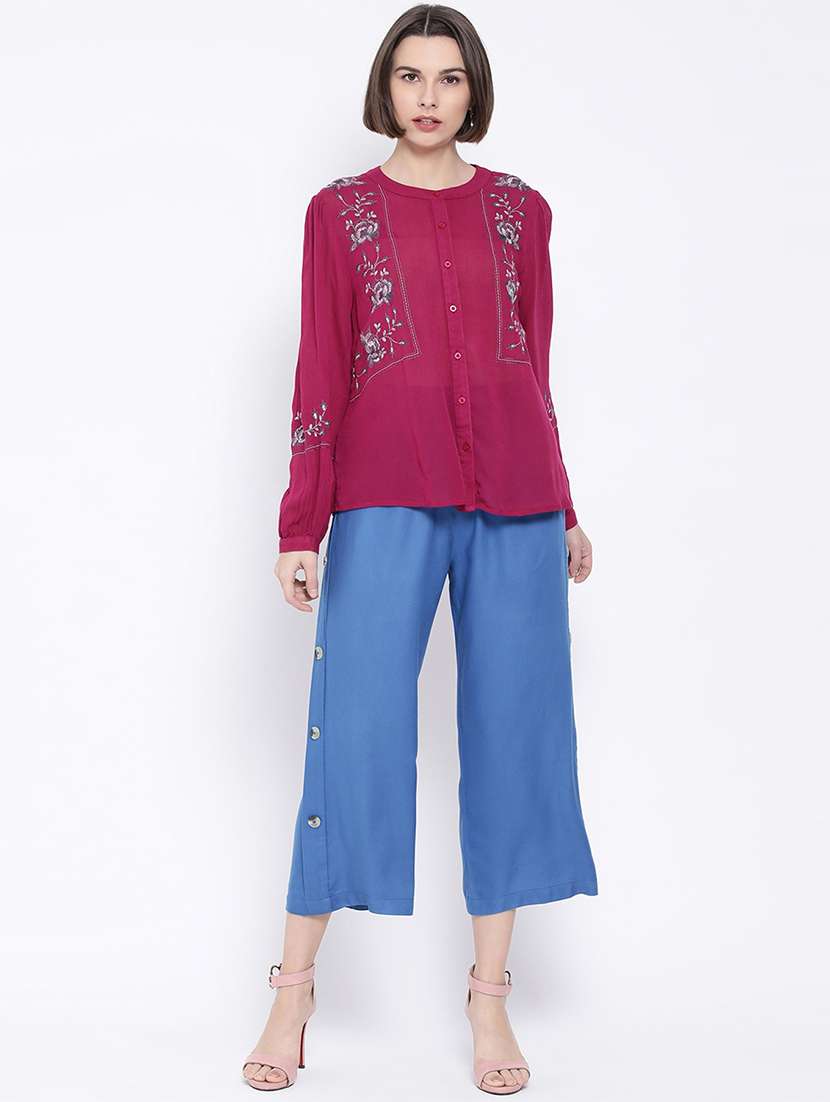 women solid light blue detailed culottes - 16936452 -  Standard Image - 3