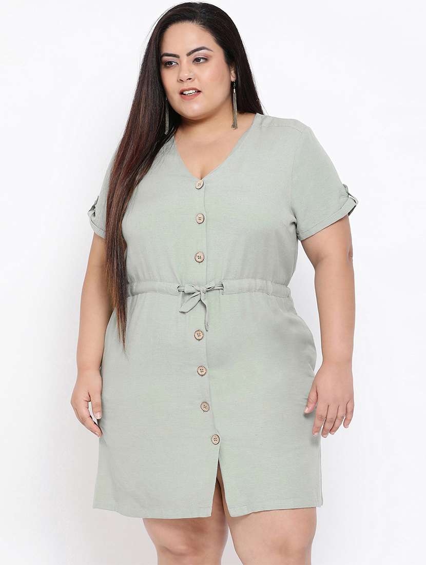 drawstring waist button up plus dress - 16936472 - Zoom Image - 0