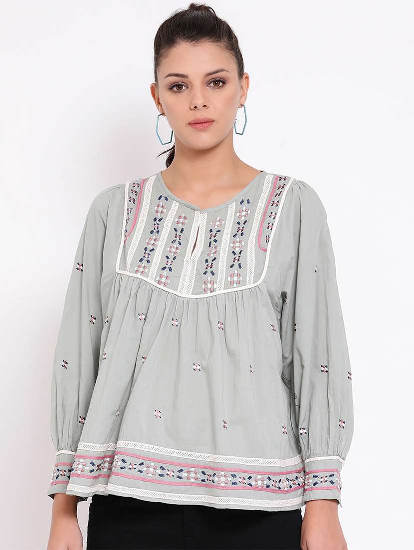 key hole neck embroidered detail top - 16936511 - Zoom Image - 0