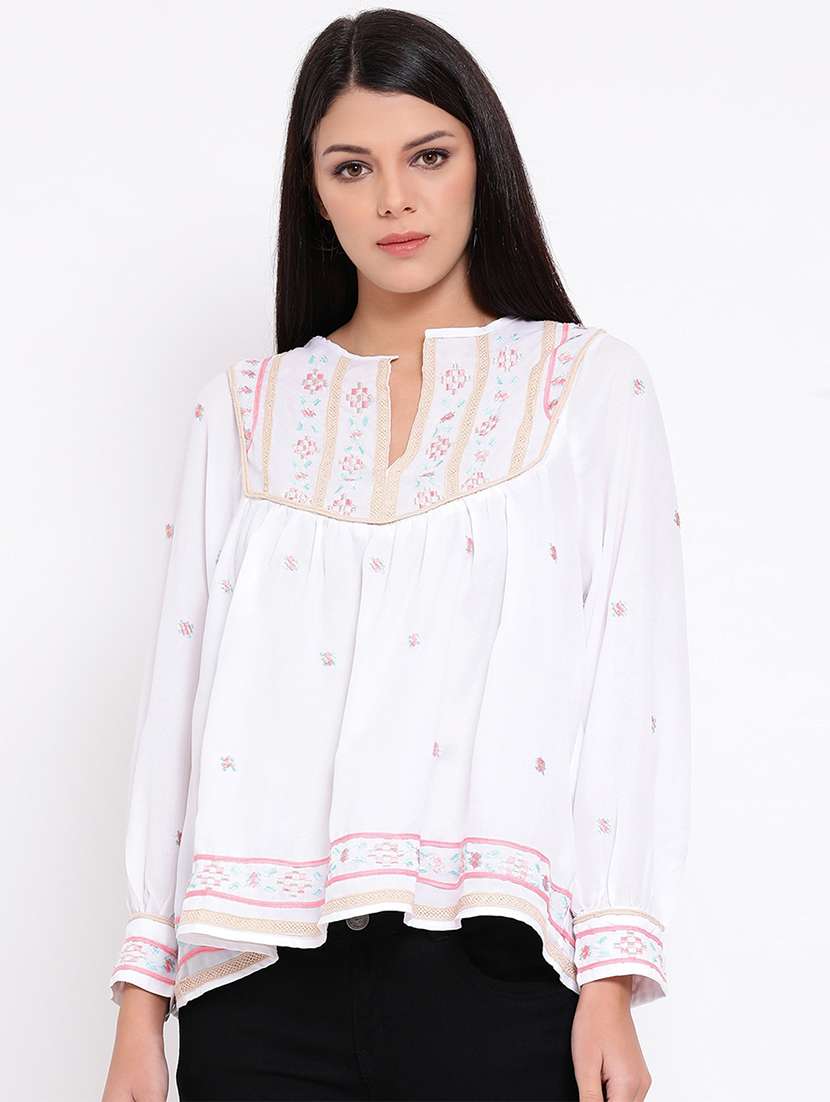 embroidered detail notch neck top - 16936513 - Zoom Image - 0