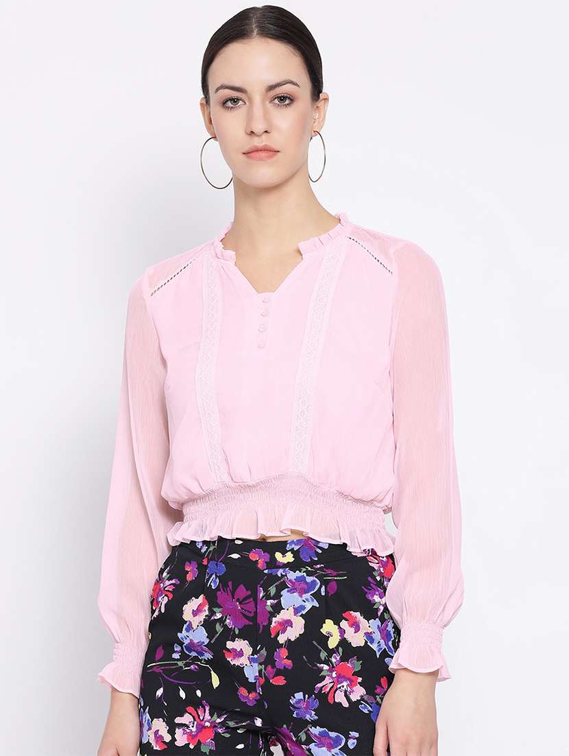 lace trim smocked detail blouson top - 16936521 - Zoom Image - 0