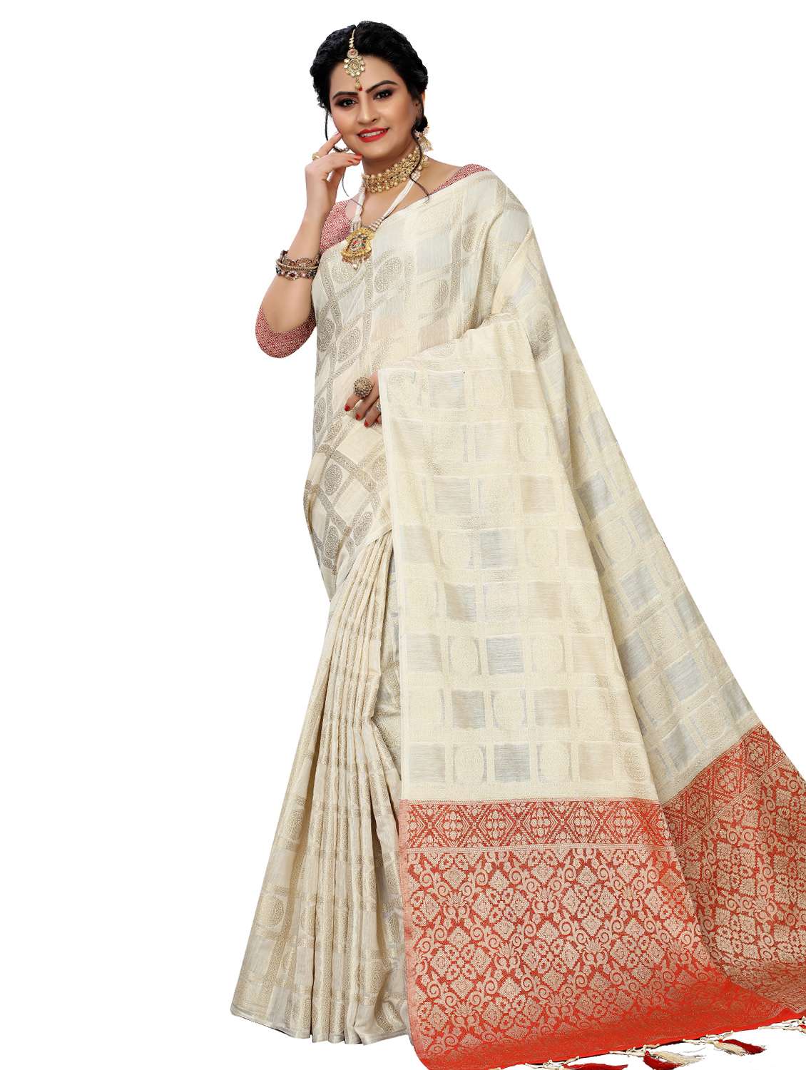 checkered banarasi saree with blouse - 16937526 - Zoom Image - 0