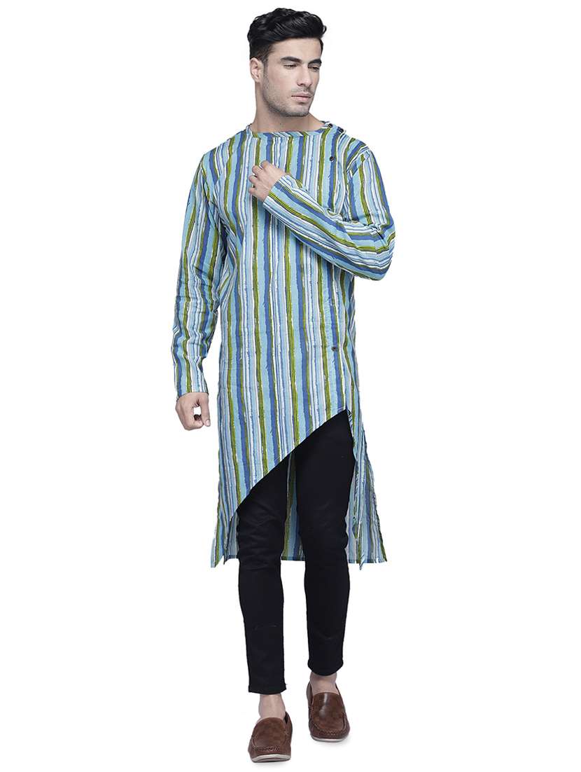 blue striped asymmetric kurta - 16938510 -  Zoom Image - 0