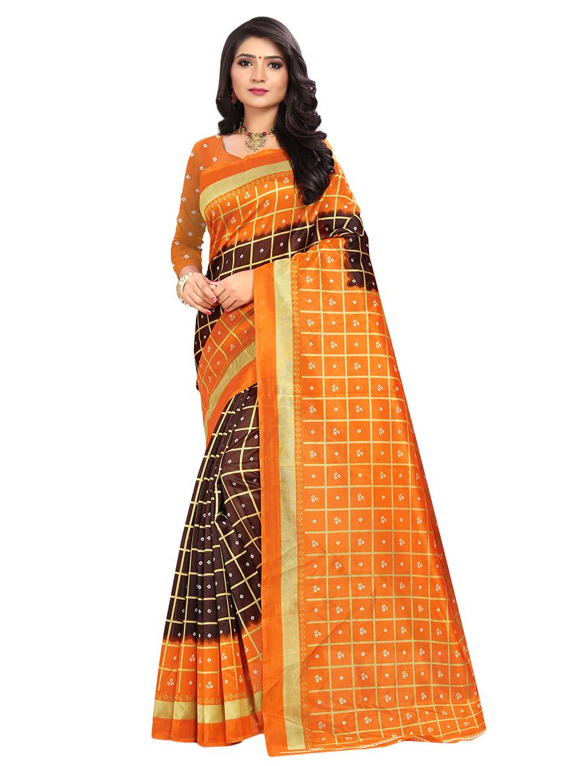 women's checks coffee brown colored saree with blouse - 16939748 - Zoom Image - 0