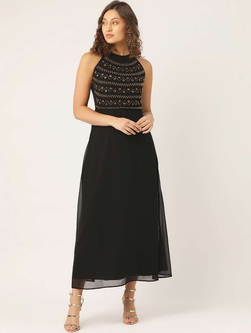 halter neck embellished flared dress 