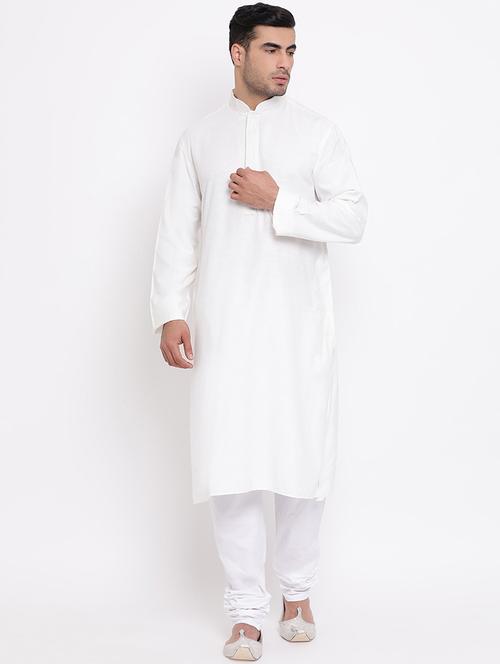 white solid khadi cotton long kurta with embroidered neckline - 16942381 -  Standard Image - 0