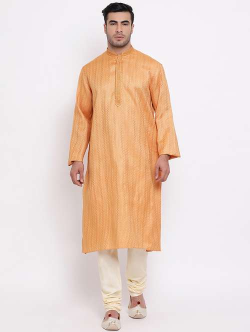 orange self design long kurta with embroidered neckline - 16942385 -  Standard Image - 0