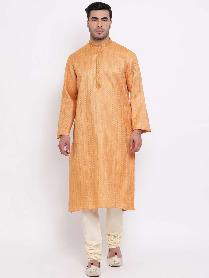 orange self design long kurta with embroidered neckline