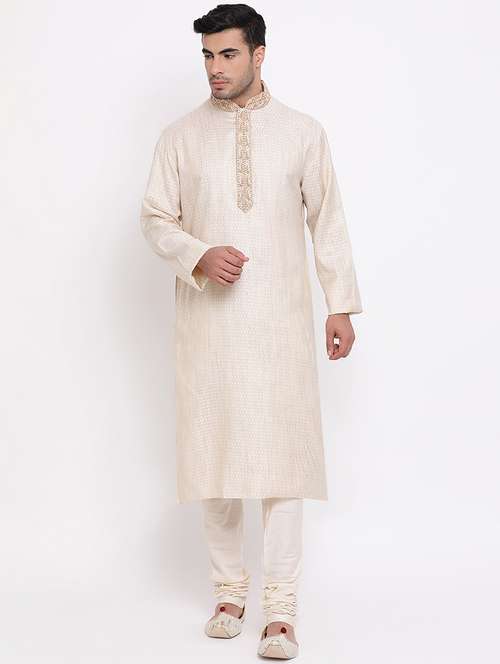 beige jacquard long kurta with embroidered neckline - 16942390 -  Standard Image - 0