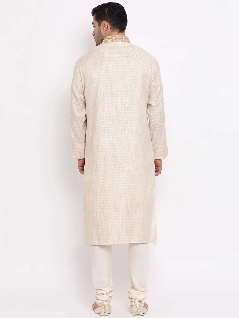 beige jacquard long kurta with embroidered neckline - 16942390 -  Standard Image - 3