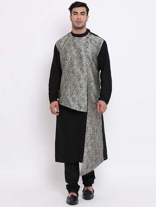 black pure silk brocade asymmetric kurta churidar set  - 16943222 -  Standard Image - 0