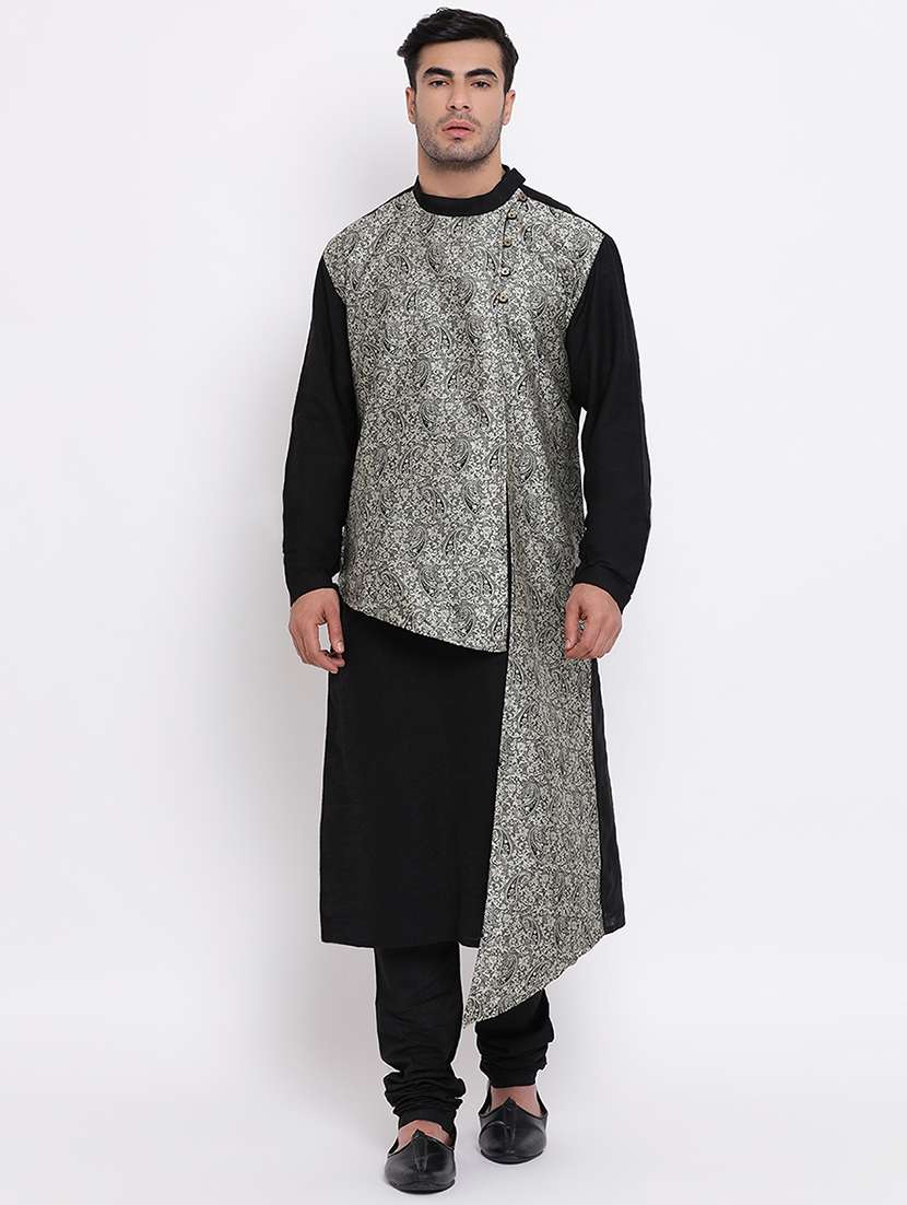 black pure silk brocade asymmetric kurta churidar set 