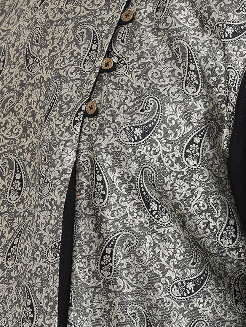 black pure silk brocade asymmetric kurta churidar set  - 16943222 -  Standard Image - 5