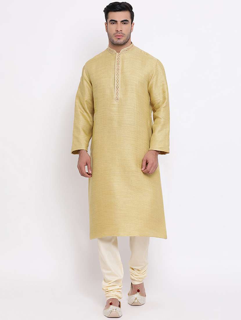 yellow self design kurta churidar set
