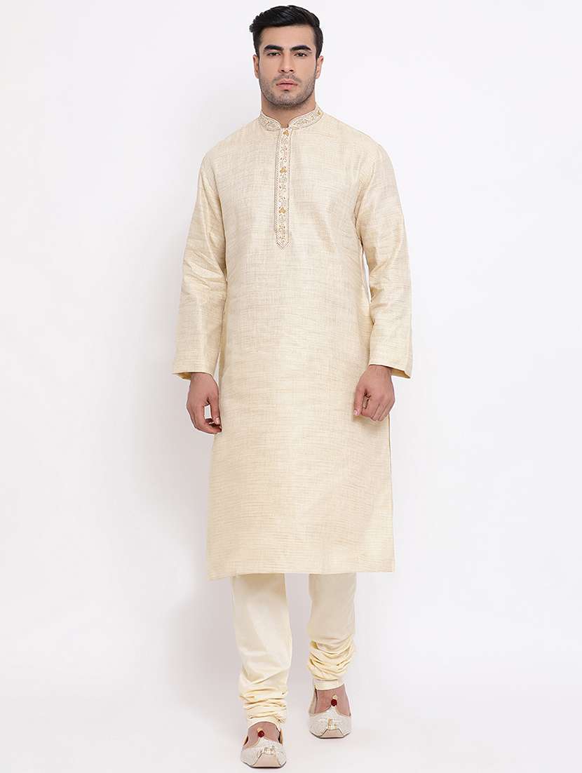 beige self design kurta churidar set