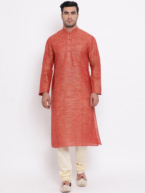 orange solid khadi kurta churidar set - 16943234 - Standard Image - 0