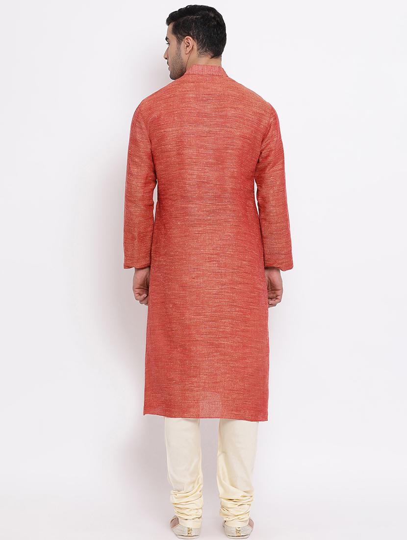 orange solid khadi kurta churidar set - 16943234 - Standard Image - 3