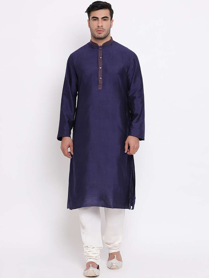 blue solid silk blend kurta churidar set