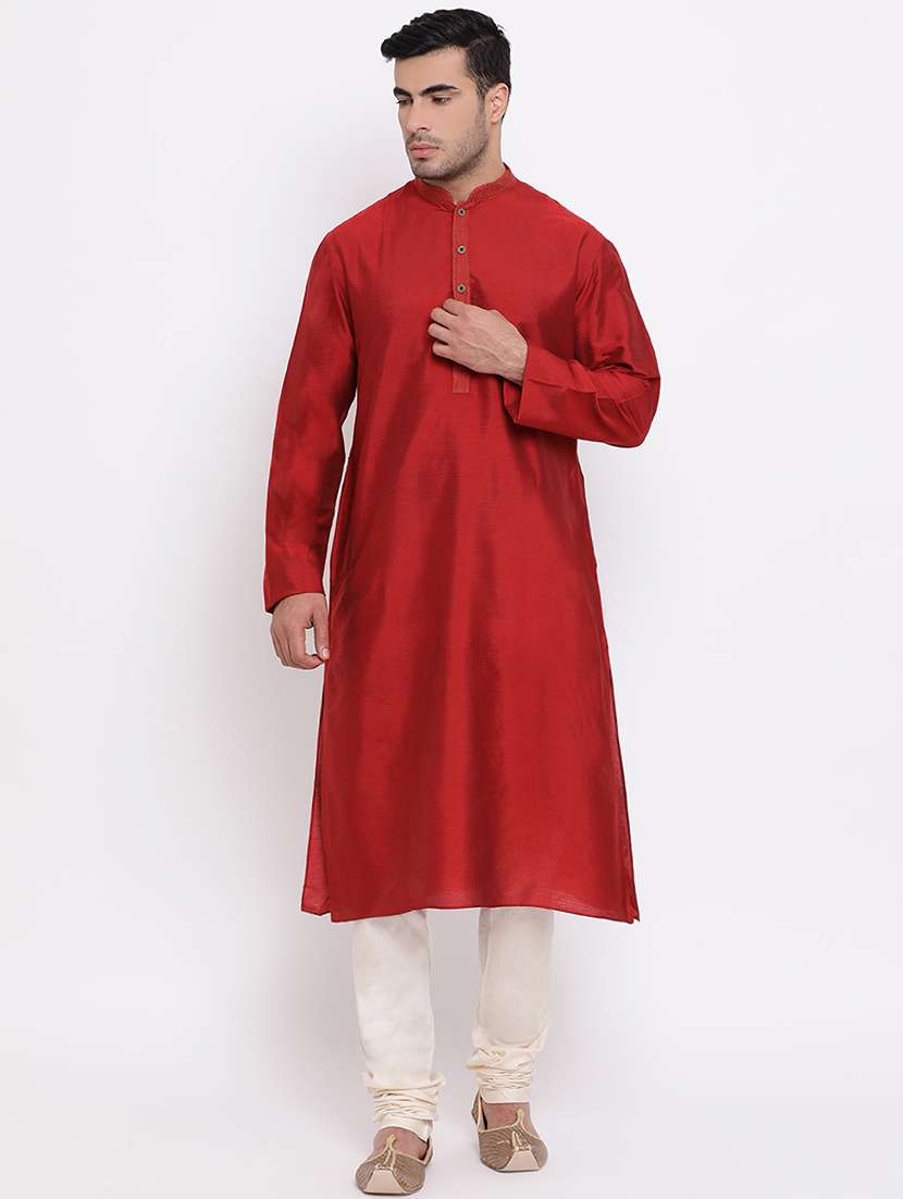red solid silk blend kurta churidar set
