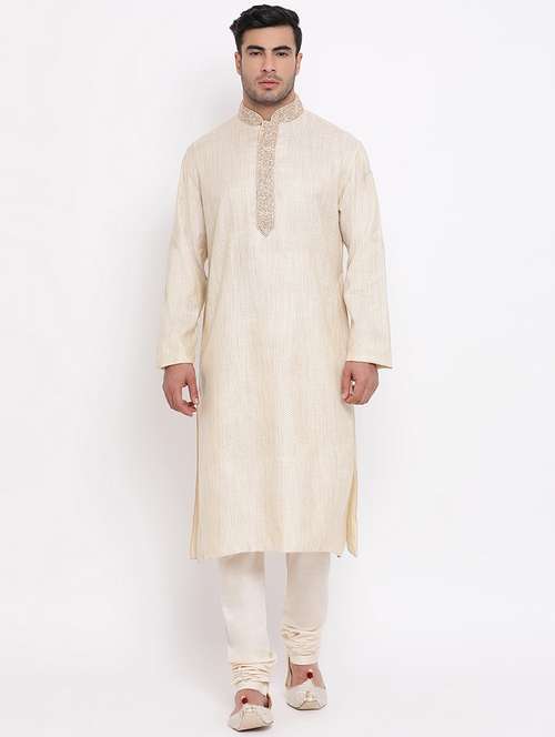 beige jacquard kurta churidar set - 16943250 -  Standard Image - 0