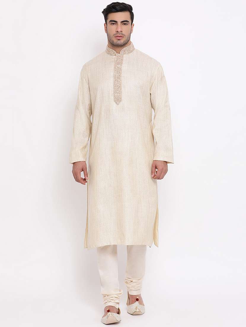 beige jacquard kurta churidar set