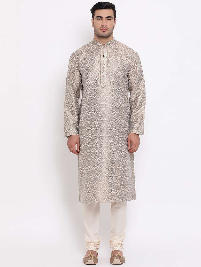beige pure silk brocade kurta churidar set