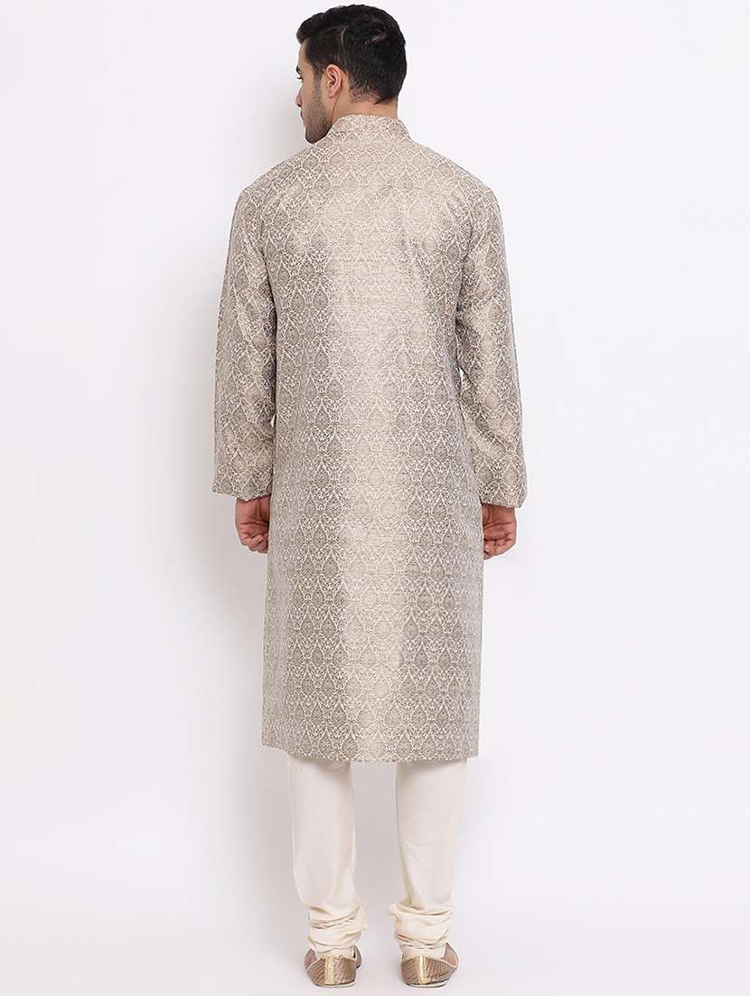 beige pure silk brocade kurta churidar set - 16943254 - Standard Image - 3