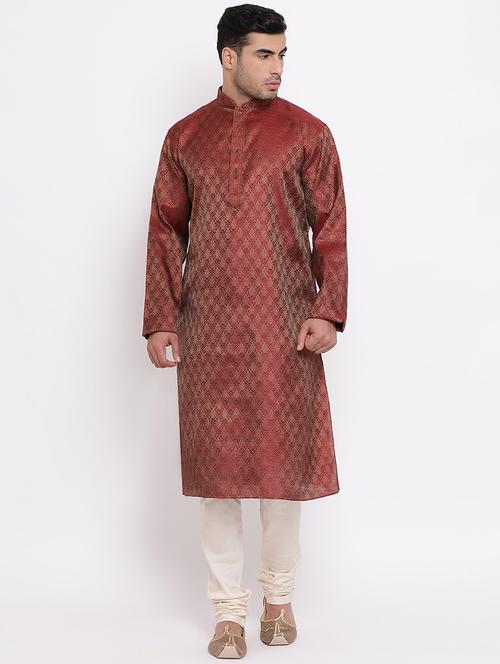 red pure silk jacquard kurta churidar set - 16943257 - Standard Image - 0