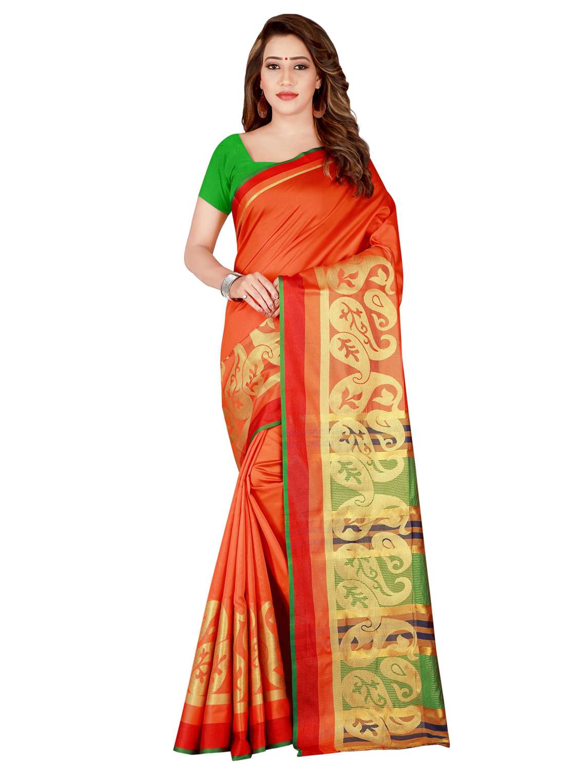 solid bordered woven saree with blouse - 16944992 - Zoom Image - 0