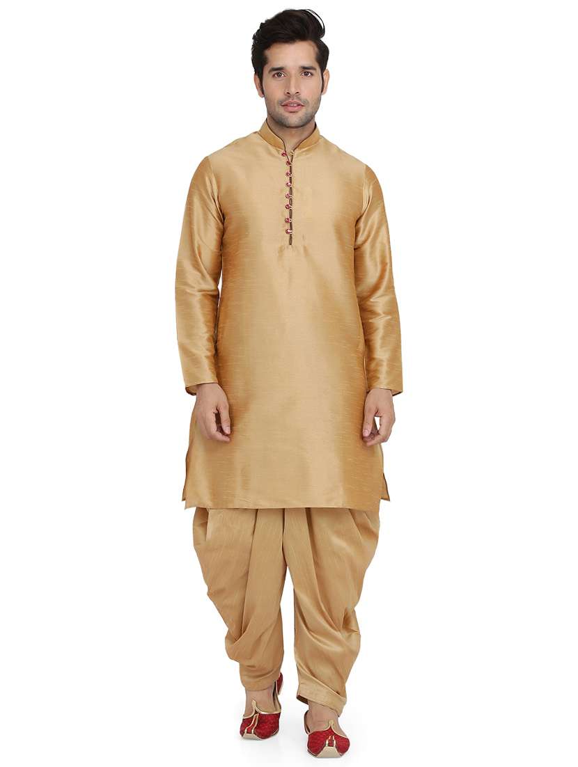 dark gold silk blend dhoti kurta set - 16945649 -  Zoom Image - 0