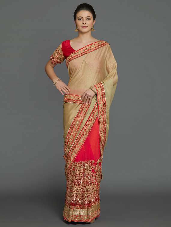 half & half embroidered saree with blouse