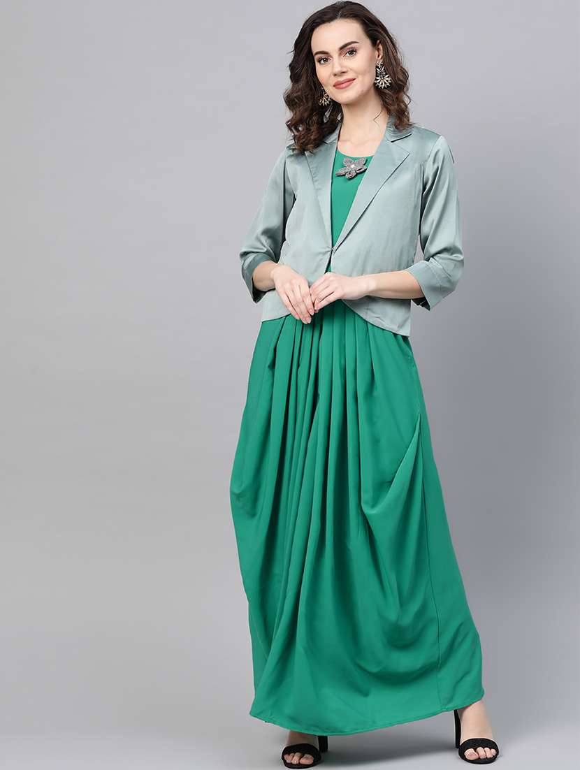 green solid dress with coat 