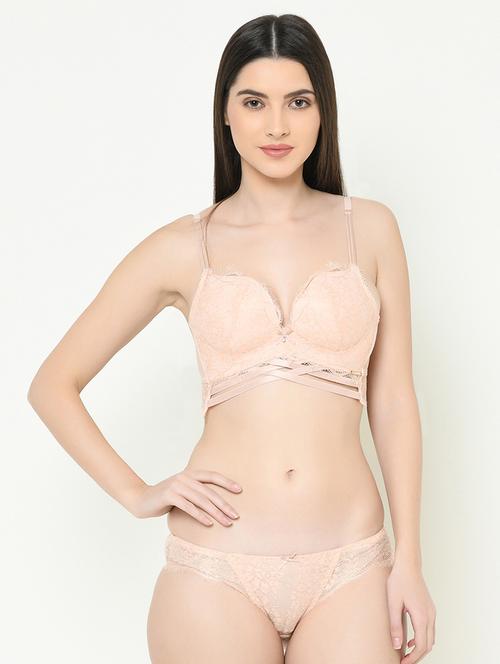 laced plunge bra with bikini panty set - 16958006 - Standard Image - 0