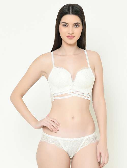 laced plunge bra with bikini panty set - 16958007 - Standard Image - 0