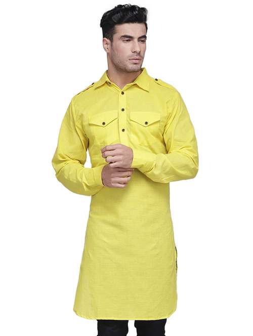 yellow solid pathani kurta - 16963536 - Standard Image - 0
