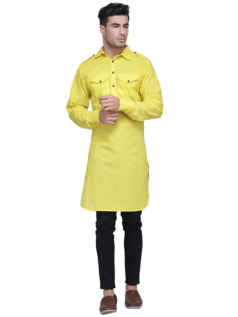 yellow solid pathani kurta - 16963536 - Standard Image - 3