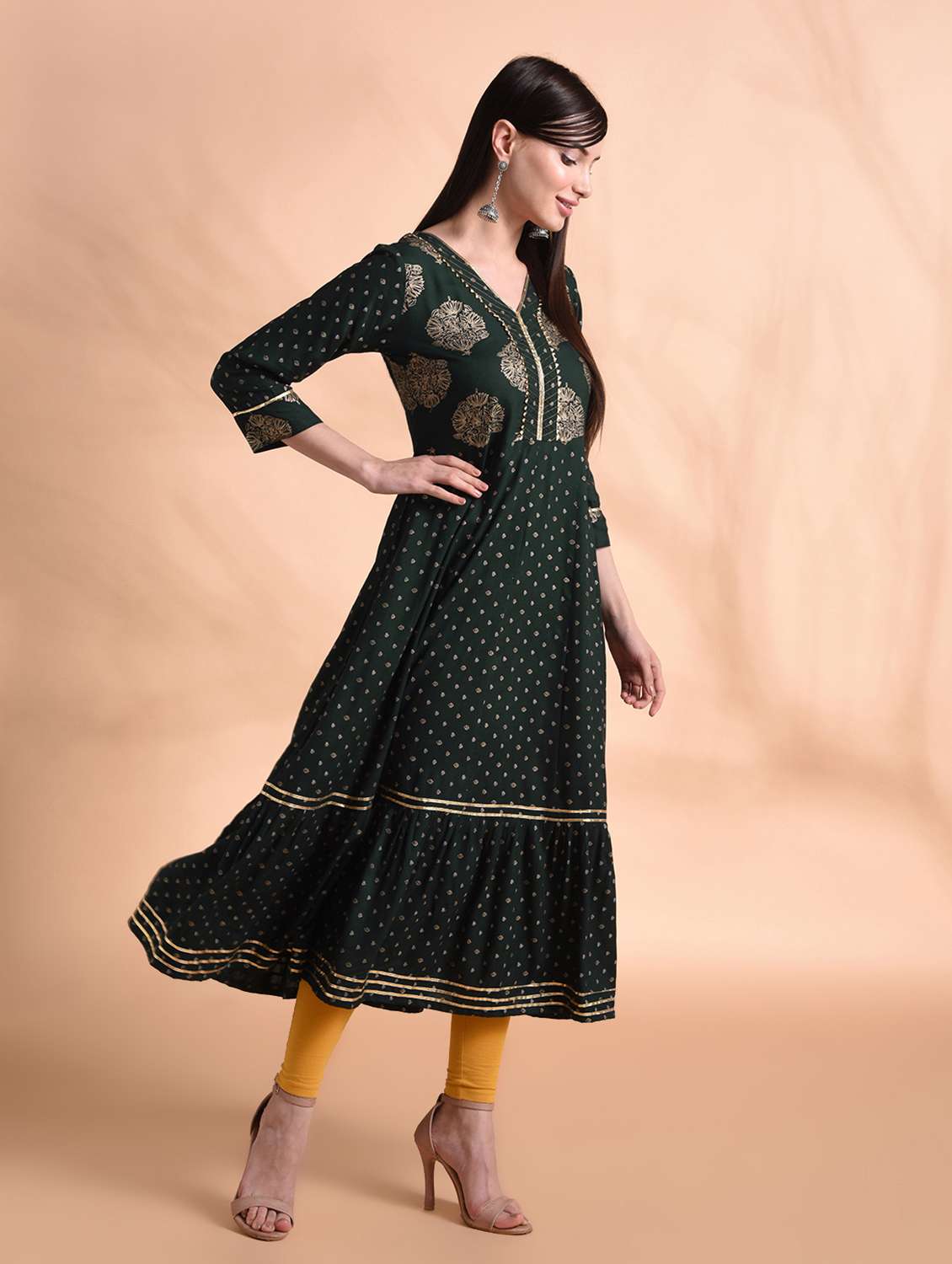 gold print flared kurta 