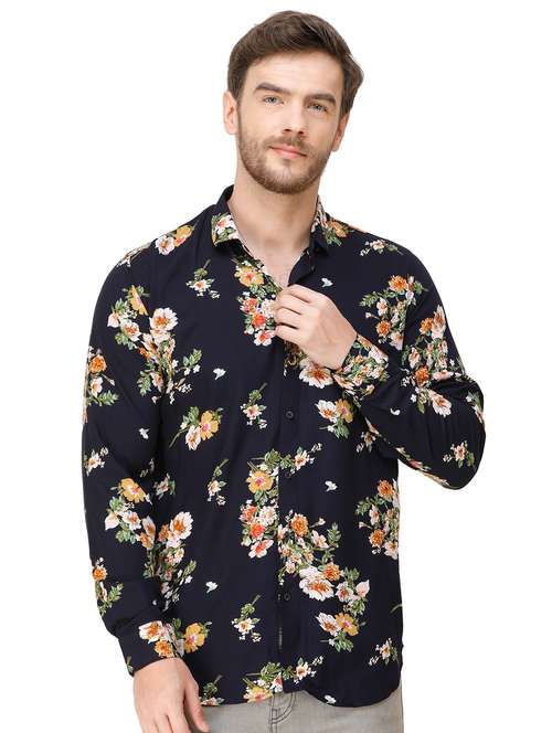 navy blue floral print casual shirt - 16970018 - Standard Image - 0